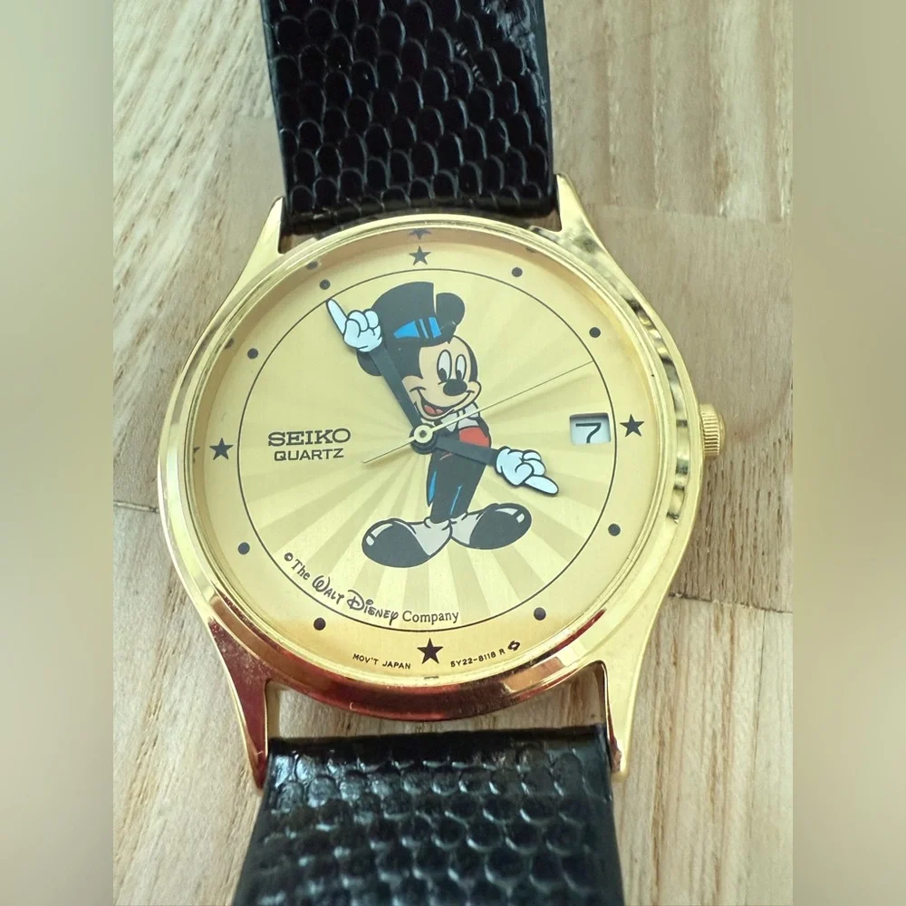 Rare vintage Seiko Disney Mickey Mouse gold tone black leather watch NEW BATTERY